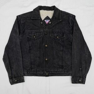 Vintage 80s 90s LY Black Sherpa Lined Denim Jacket Button Snap Size S